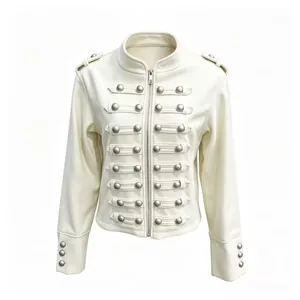 Detailed front view of white military jacket with ornate silver button accents