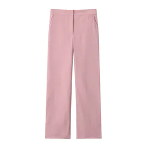 Front view of elegant pink high-waisted straight-leg casual trousers for women