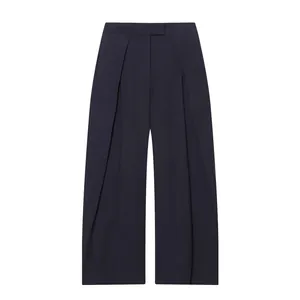 Elegante marineblauwe wijde broek met plooien en hoge taille voor dames mode stijl