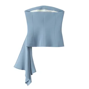Detailed view of a stylish light blue strapless tube top featuring an elegant side drape