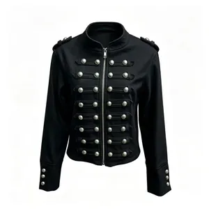 Vintage court style black jacket for women with silver decorative buttons detail