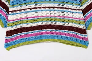 Detailaufnahme der lebhaften, mehrfarbig gestreiften Häkelstrick-Textur eines Oberteils.