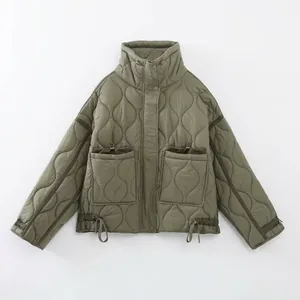 Women Stand Collar Quilted Jacket Wave Pattern Padded Coat Warm Winter Short Outerwear With Pockets Drawstring Hem Casual Top