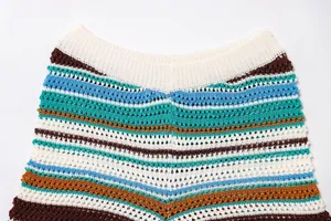 Detailansicht der bunt gestreiften Häkelshorts mit aufwendigem strukturiertem Strickmuster