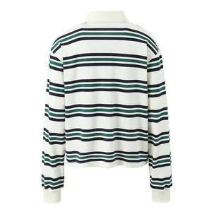 Classic American style long-sleeved polo shirt with green and navy stripes, back view detail