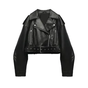 Veste de Motard Vintage en Simili Cuir pour Femme Courte Cropped PU Aviateur avec Ceinture et Poche Zippée Manteau Manches Longues