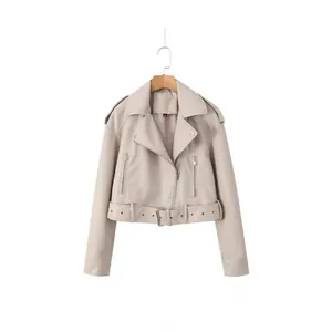 Veste de motard rétro en similicuir beige avec ceinture réglable pour femmes chic