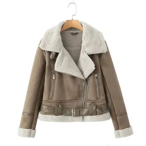 Giacca biker da donna in finto scamosciato e montone con ampio rever color cachi