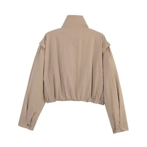 Back view of a stylish khaki stand collar lightweight sun protection jacket for women