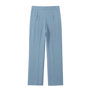 Women's high-waisted light blue wide-leg trousers featuring elegant front crease lines