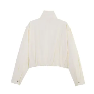 Back view of a minimalist cream long-sleeve jacket with a stand-up collar and elastic hem.