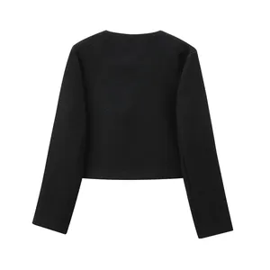 Back view of a classic black cropped tweed jacket with a textured weave for women