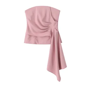 Pink pleated strapless top with elegant draped side detail for women