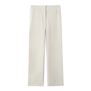 Elegant beige high-waisted wide-leg trousers for women, smooth casual straight-cut pants