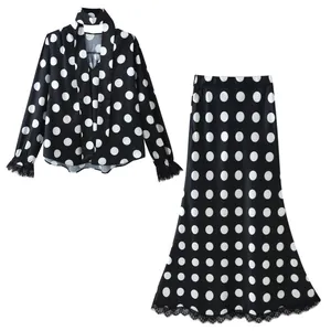 Elegant black and white polka dot V-neck top and high waist skirt two-piece set