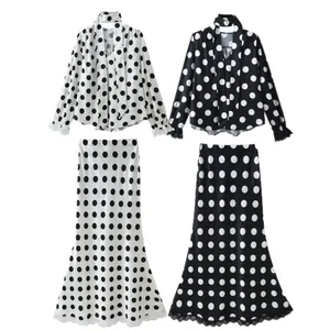 Elegant polka dot V-neck long sleeve top and high waist mermaid skirt two-piece set