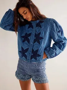 Giacca di jeans trapuntata da donna stile francese con maniche a sbuffo e ricami
