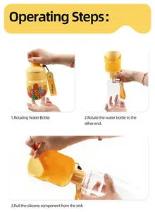 Instruction steps showing how to rotate and open the portable silicone pet water bottle