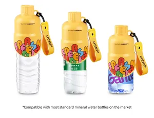 Yellow portable pet water bottle attachment compatible with standard mineral water bottles