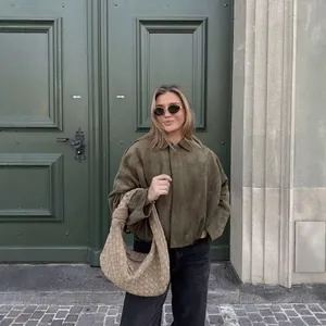Veste Bomber Femme Manches Chauve-Souris Mode Manteau Court Zippé Couleur Unie Texture Daim Printemps Top