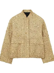 Damen Goldene Pailletten Tweed Jacke Stehkragen Reguläre Passform Langarm Top Streetwear Party Schimmernde Kurze Oberbekleidung