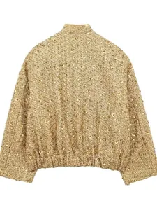 Modische goldene Paillettenjacke für Damen mit Glitzereffekt und Gummizug, Rückansicht