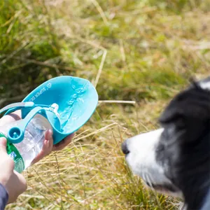 Close-up of a teal leaf-shaped pet water dispenser being used to hydrate a dog outdoors.