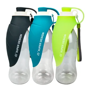 Detail view of three leaf-shaped portable pet water bottles in black, teal, and lime
