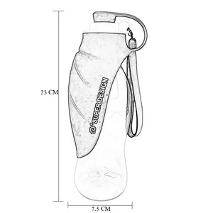 Detailed sketch of pet portable water bottle showing height 23cm and width 7.5cm