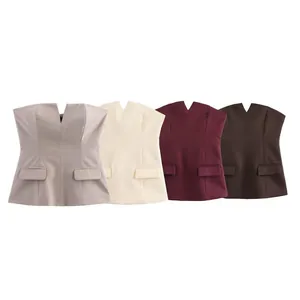 Fashionable multi-color strapless corset tops with V-neckline and pocket details.