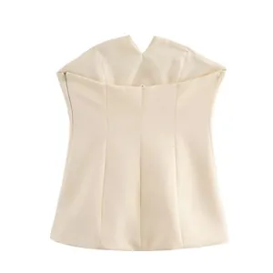 Beige V-notched strapless corset tube top featuring a side zipper and slim fit design.