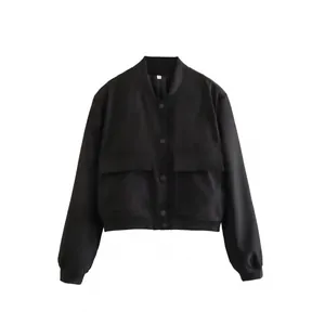 Veste bomber noire à la mode pour femme avec de grandes poches et un col montant