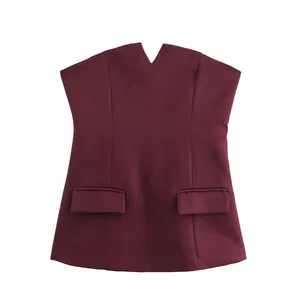 Elegant wine red strapless tube top with V-notch neckline and decorative flap pocket detail