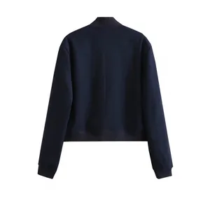 Vue arrière d'un blouson aviateur bleu marine pour femme avec col et poignets côtelés.