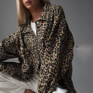 Close-up of stylish leopard print denim jacket with a vintage loose fit and lapel collar