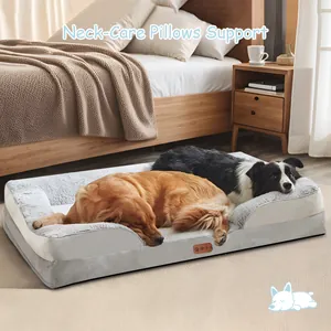 Large orthopedic memory foam dog sofa bed with neck-care support in a cozy bedroom scene