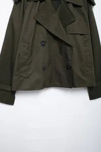 Close-up detail of dark olive green double-breasted jacket with classic large lapels