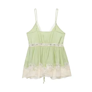 Light green lace trim camisole tank top with spaghetti straps for women's summer wear