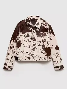 Dames Kort Spijkerjack met Onregelmatig Koeienpatroon Bedrukt Polyester Revers Lange Mouwen Cropped Jas Streetwear Casual Bovenkleding