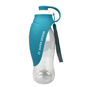Close-up of portable pet water bottle featuring a turquoise leaf-shaped silicone dispenser.