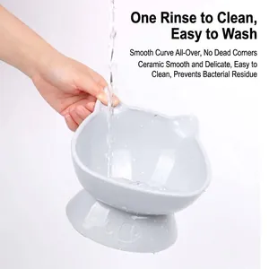 Elevated ceramic cat bowl with cat ear design for neck protection and easy cleaning