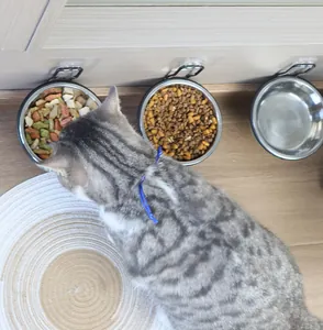 Kat eet uit drie hangende roestvrijstalen bakjes voor voer en water op houten vloer