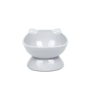 Ergonomic elevated white cat bowl with ear design and slanted neck protection base
