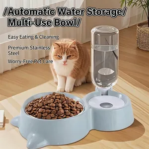 Juego de Dispensador de Agua y Cuenco de Comida Automático Acero Inoxidable Cuenco Doble para Gatos Perros Pequeños Alimentación Protección de Cuello