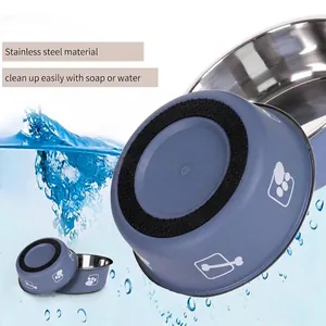 Non-slip double-layer stainless steel pet bowl for dogs and cats in blue finish
