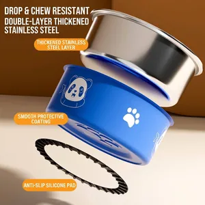 Double-layer 304 stainless steel pet bowl with non-slip silicone base and panda print