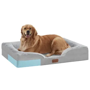 Orthopedic memory foam dog bed with cooling blue gel layers and soft plush bolsters