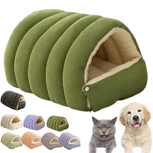 Enclosed Cozy Plush Cat Bed Tunnel Shaped Warm Pet Cave Removable Washable Winter Dog Nest Soft Corduroy Cushion House For Indoor Cats Small Dogs