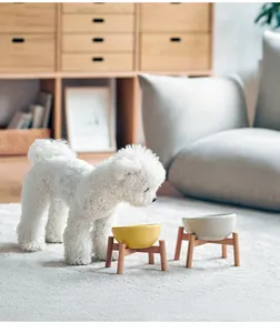 Bol incliné en céramique pour animaux avec support en bois dans un décor de salon.