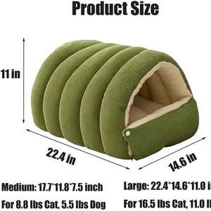 Cozy enclosed green ribbed winter warm pet bed for cats and dogs with size dimensions